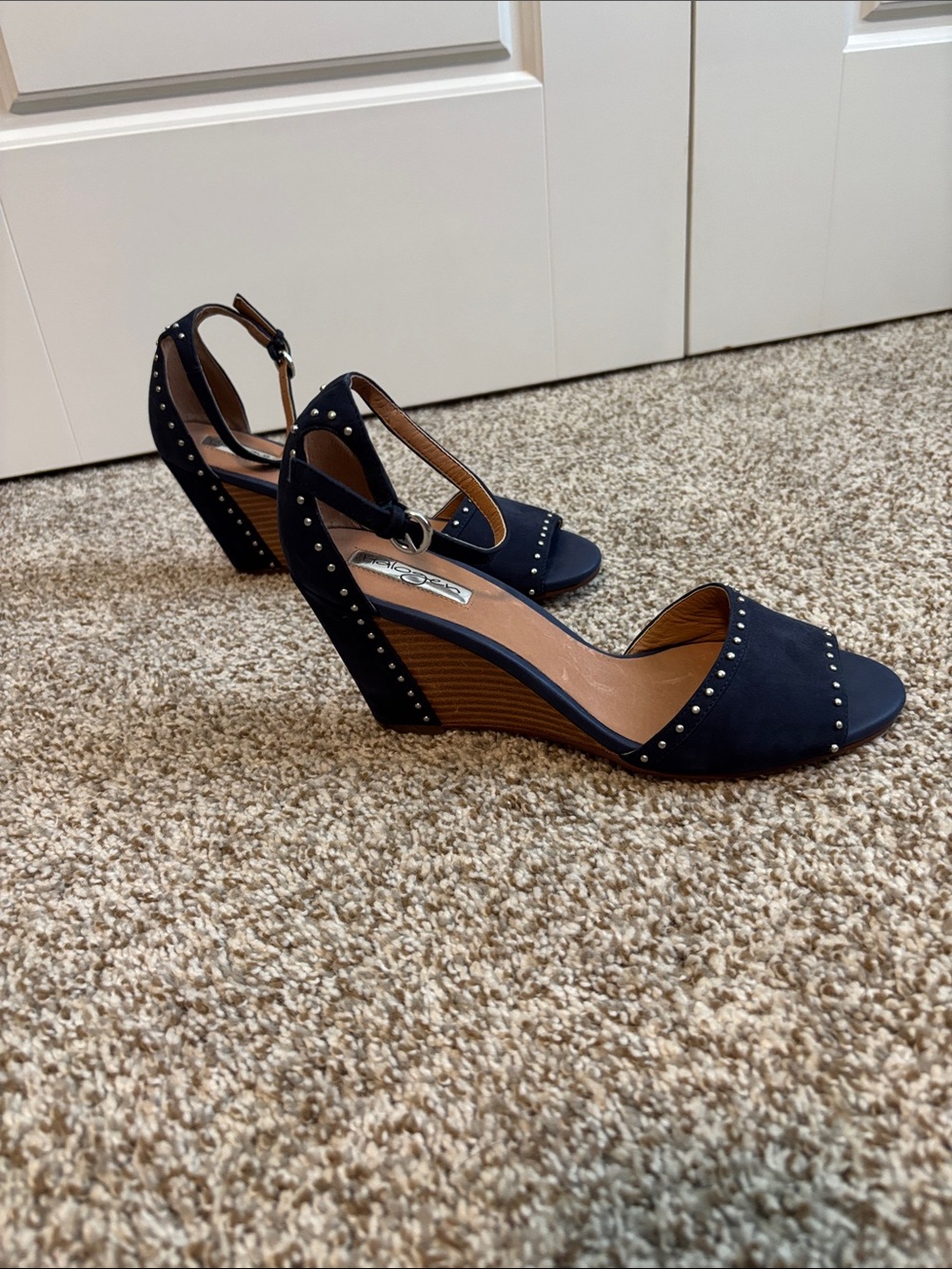 Halogen Studded Navy Suede Wedge Sandals with Ankle Strap - Picture 4 of 4